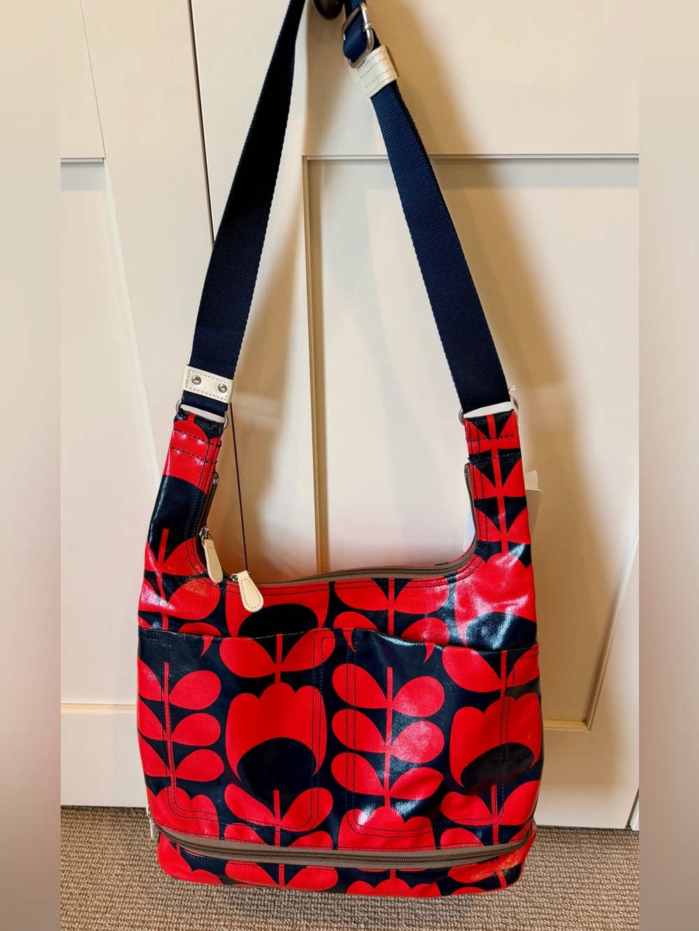 Orla Kiely Red and Navy Stem Patterned Shoulder Messenger Bag with Strap